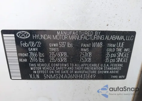 2022 Hyundai Santa Fe Sel from USA, damaged, VIN 5NMS24AJ6NH431449